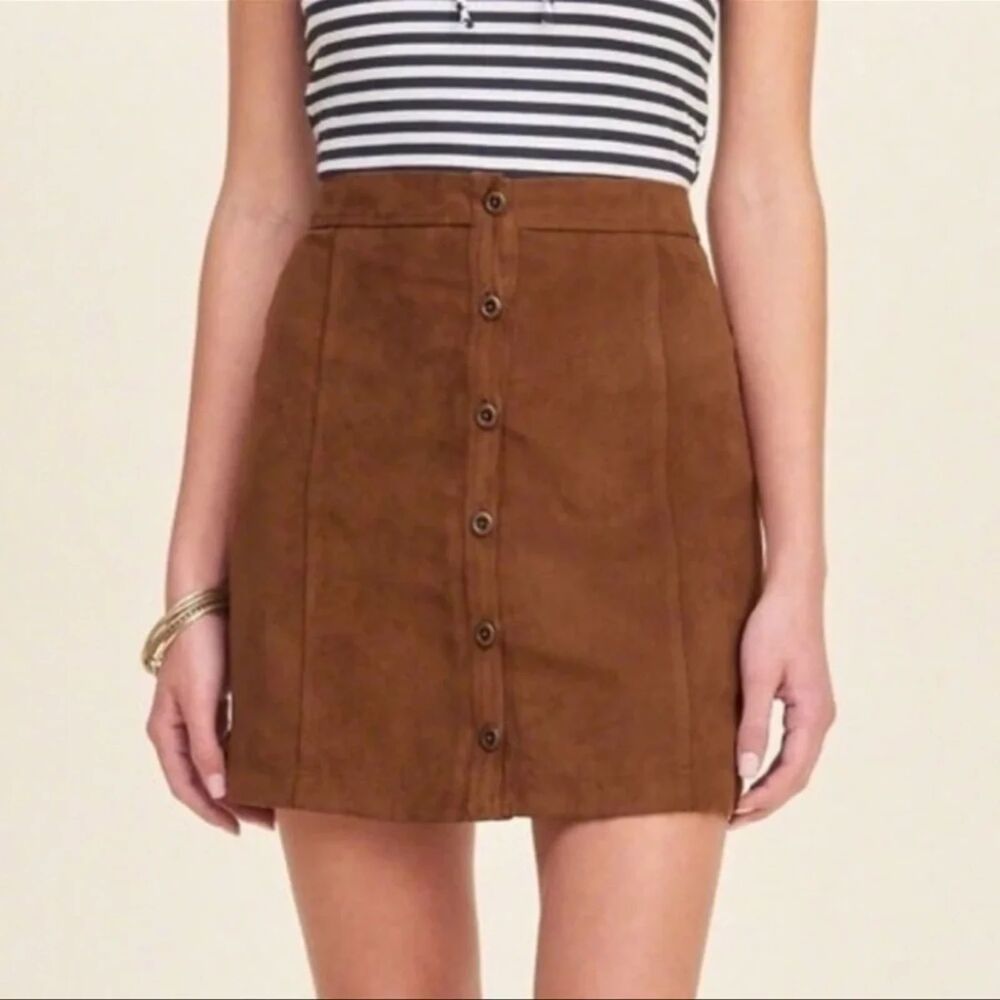 Hollister Brown Faux Suede Button Up Size 1 Mini Skirt 90s Boho